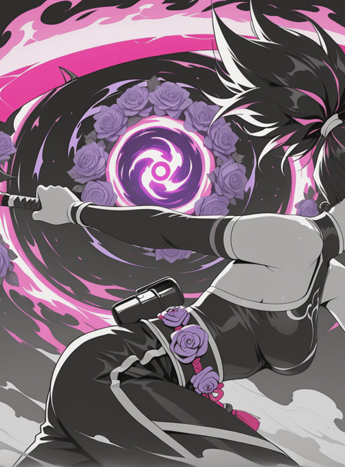 girl, ninja, sword, roses, mask