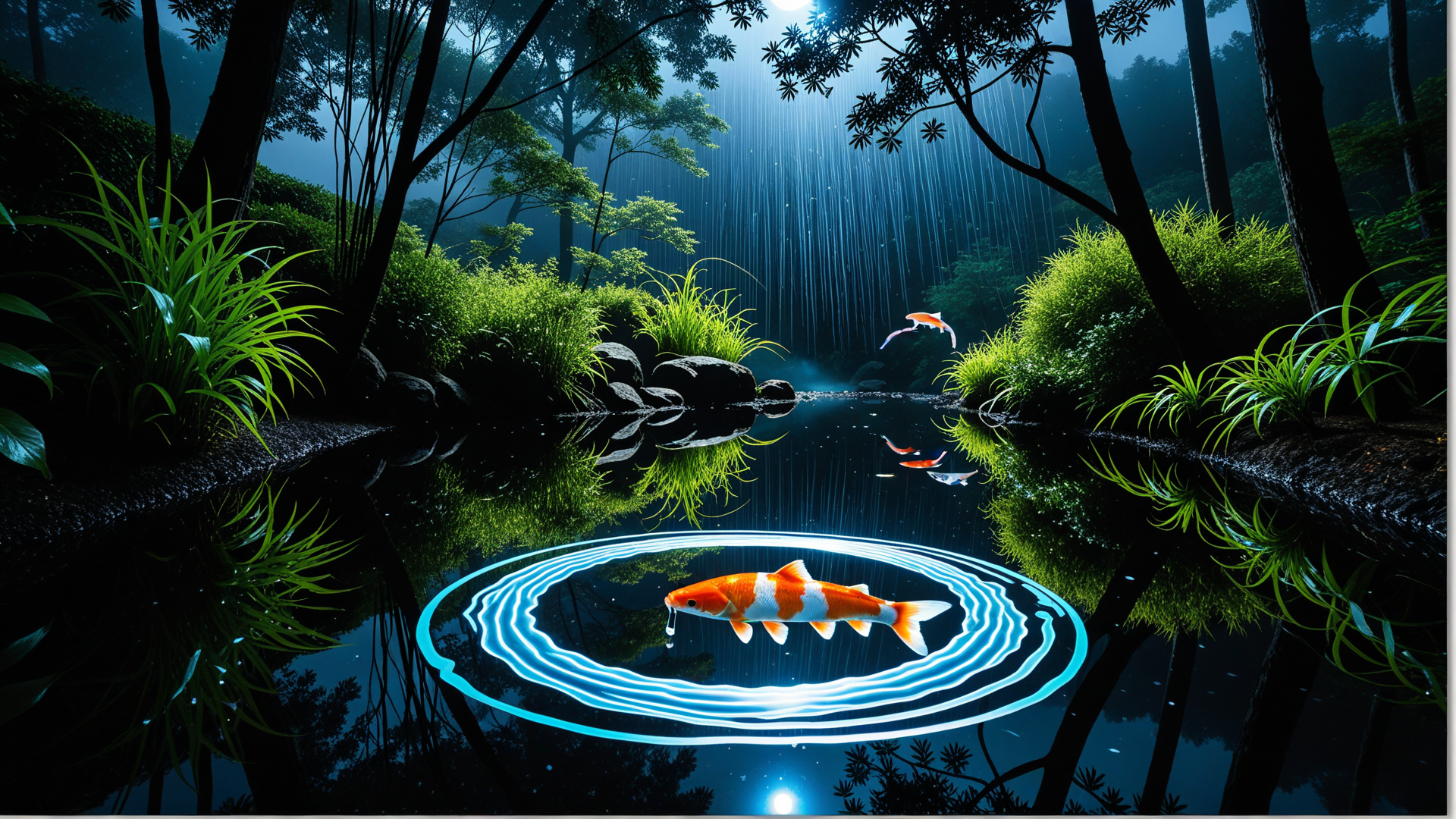 AI generated wallpaper featuring fish, koi, water, forest, plants, trees, pond, rings, moon, light