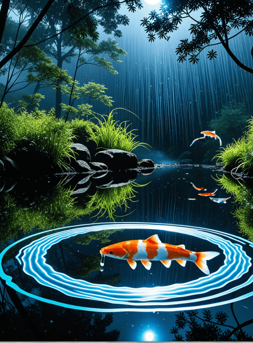 fish, koi, water, forest, plants, trees, pond, rings, moon, light