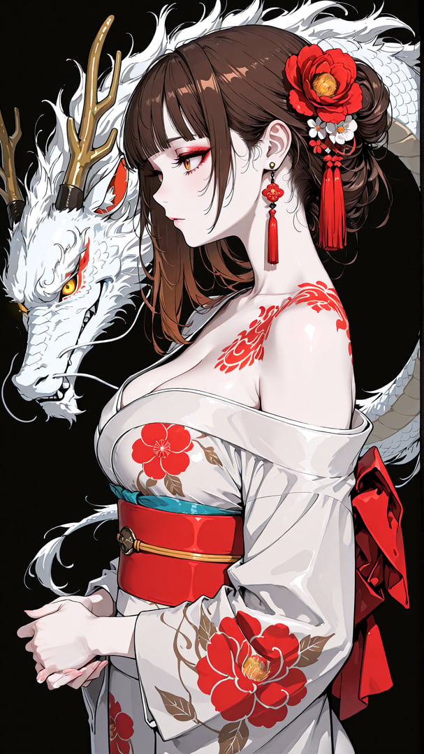 AI generated wallpaper featuring woman, dragon, deer, flower, kimono