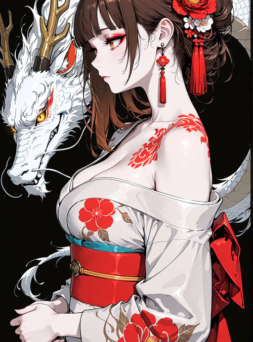 woman, dragon, deer, flower, kimono