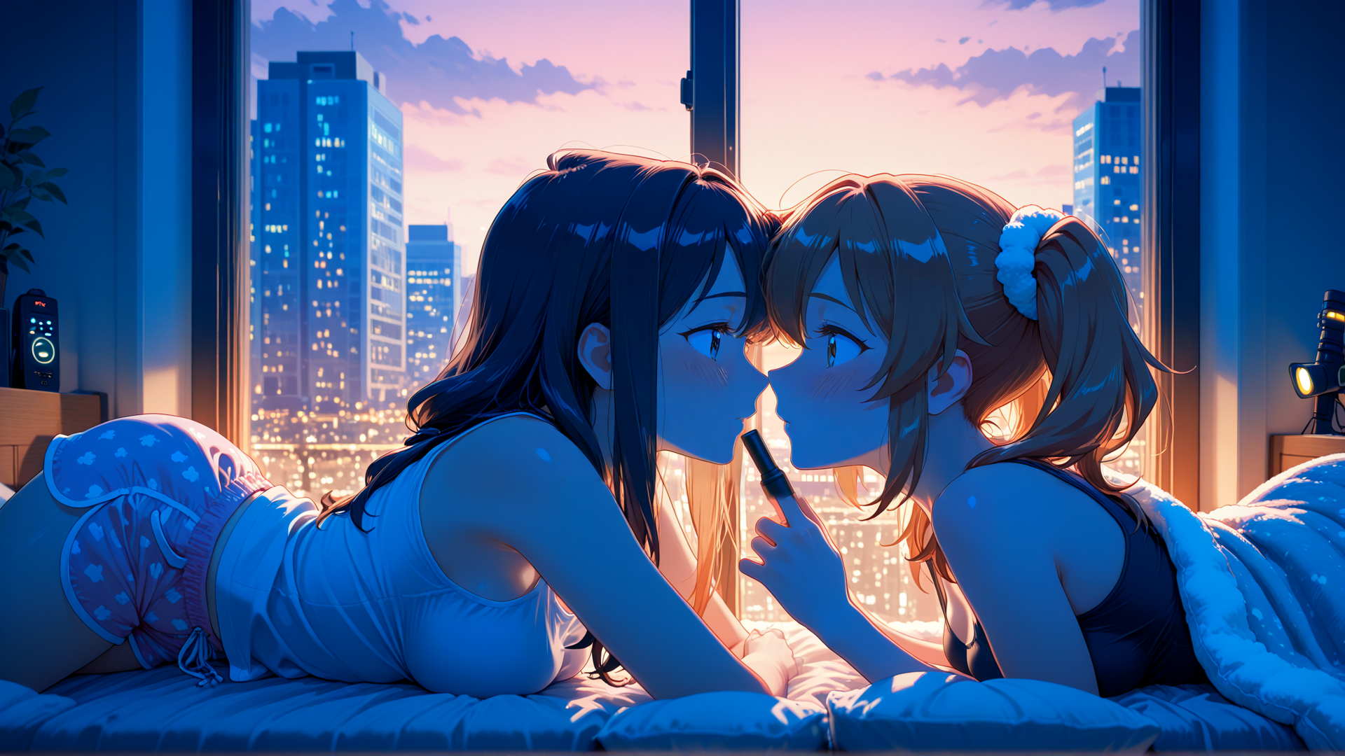 AI generated wallpaper featuring girls, bedroom, city
