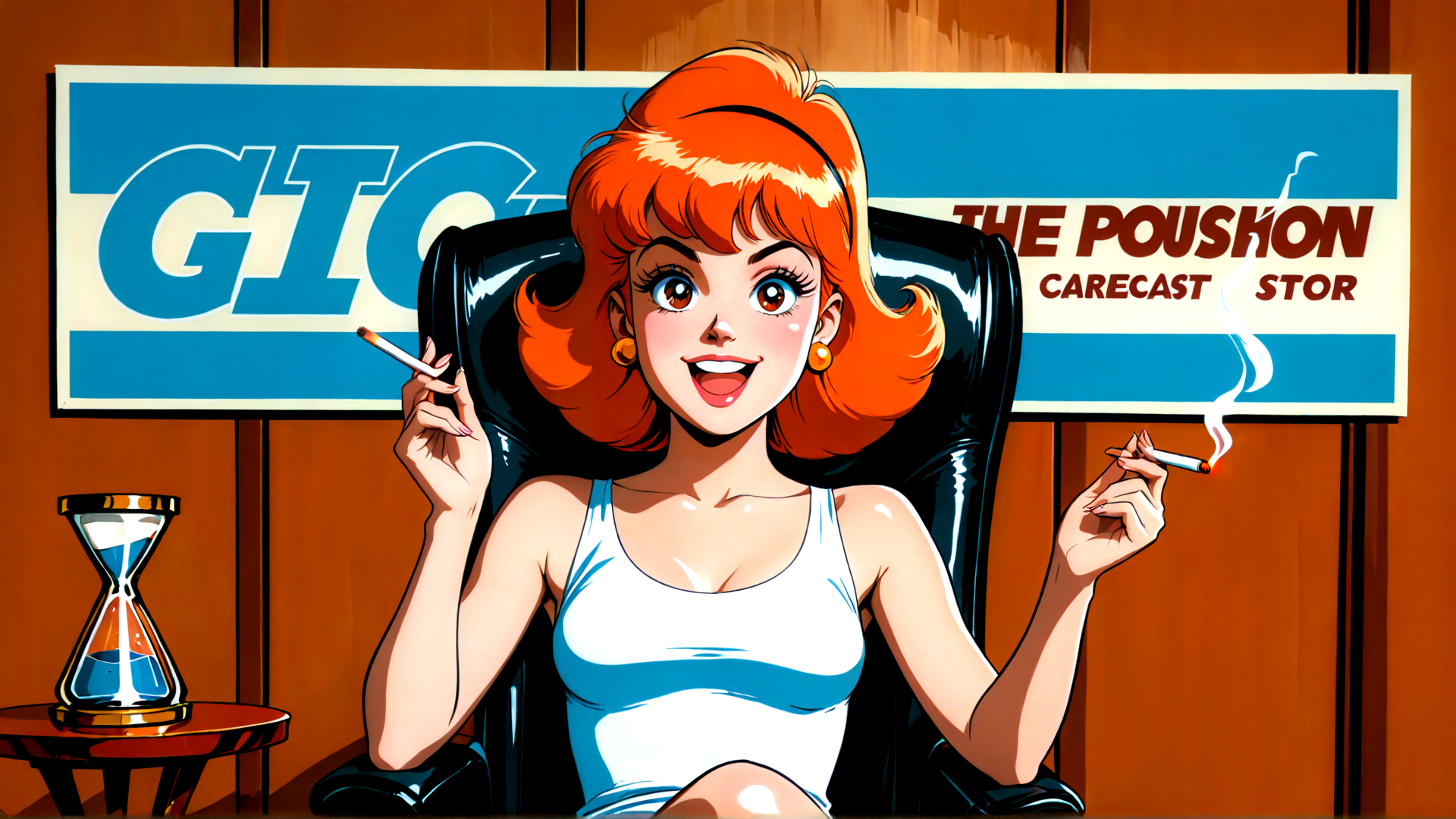 AI generated wallpaper featuring woman, cigarette, hourglass, chair, sign