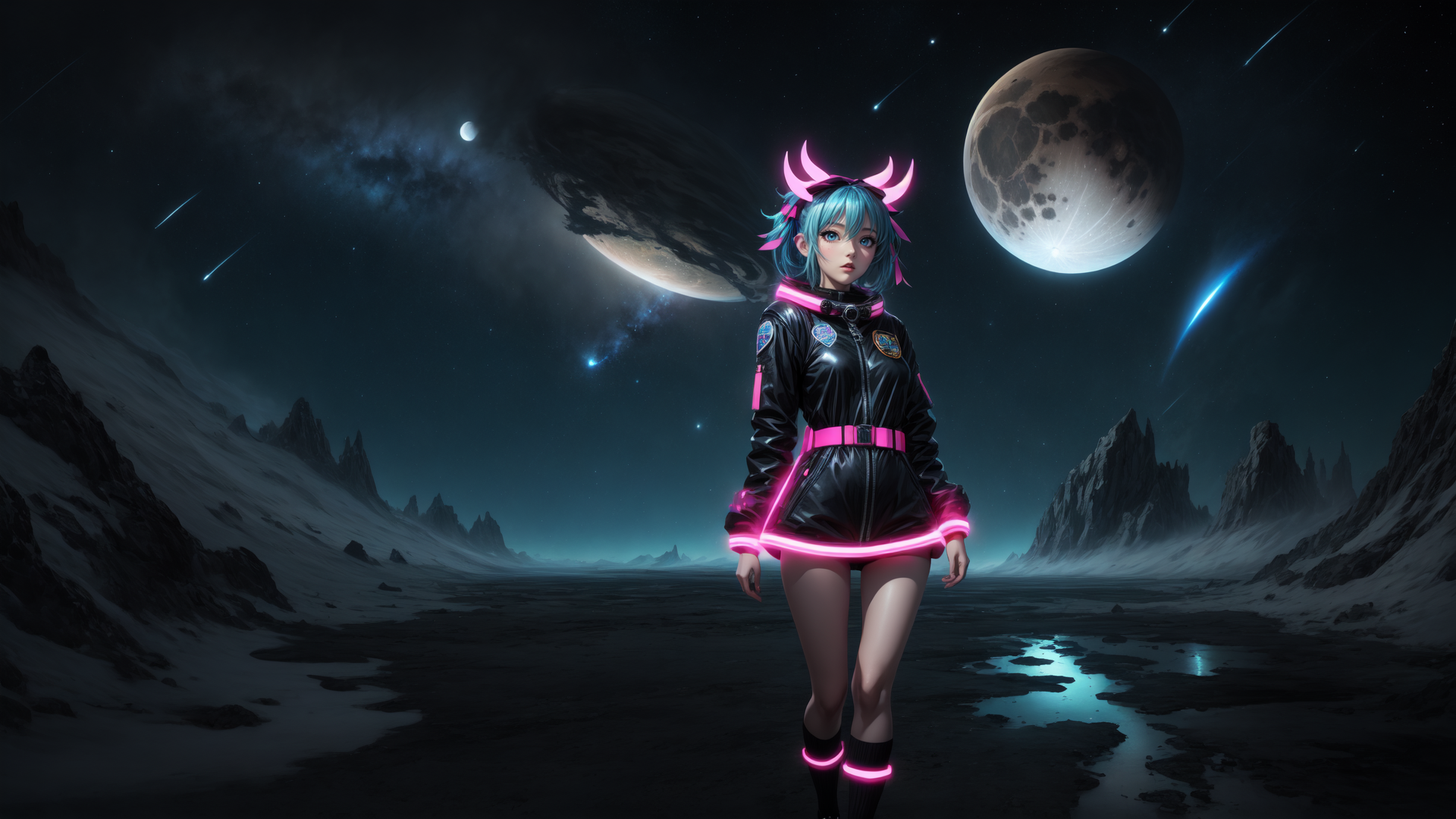 AI generated wallpaper featuring girl, astronaut, alien, space, planet, moon