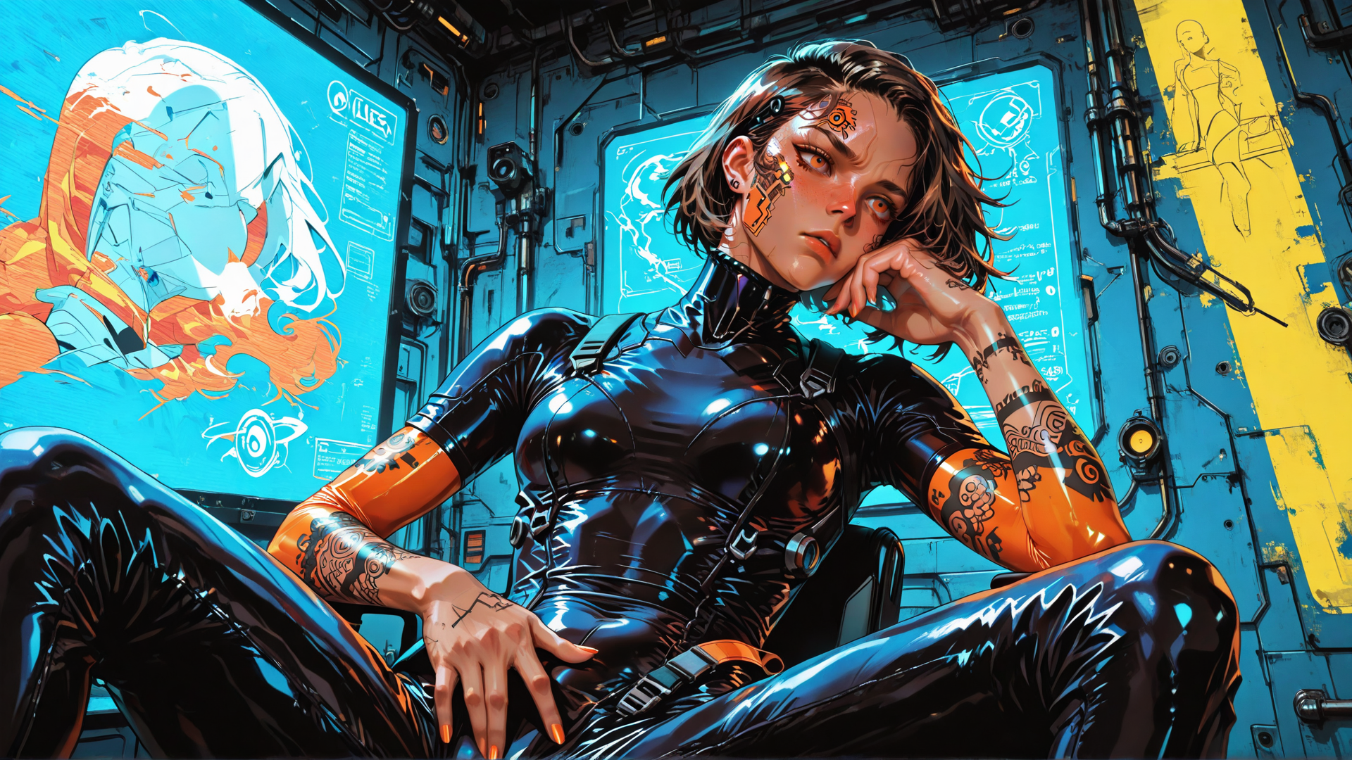 AI generated wallpaper featuring cyberpunk, woman, tattoo, screen, mechanical, futuristic, robot, sleeve, cybernetic, neon