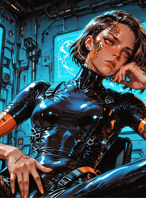 cyberpunk, woman, tattoo, screen, mechanical, futuristic, robot, sleeve, cybernetic, neon