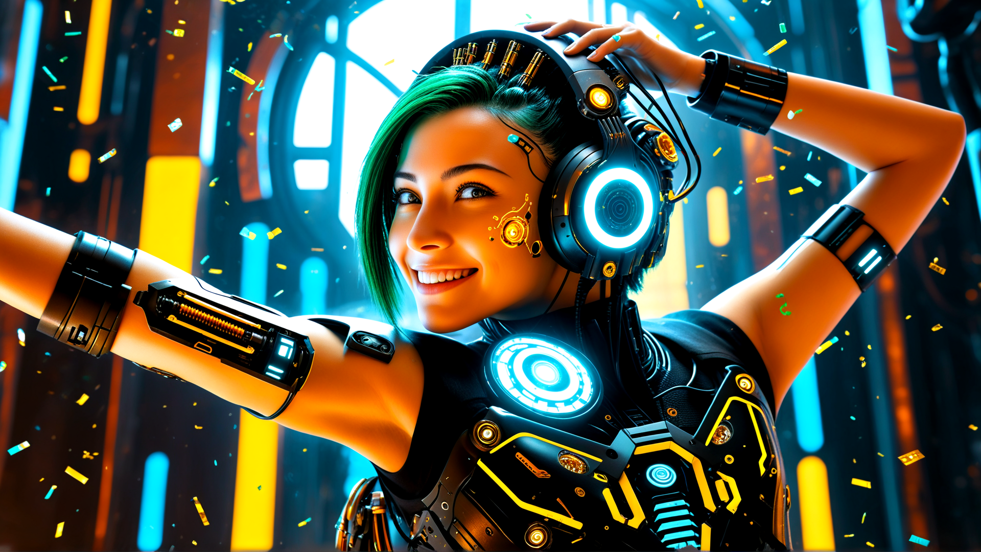 AI generated wallpaper featuring cyborg, woman, headphones, confetti, arm, gloves, body armor, circuit, light, helmet