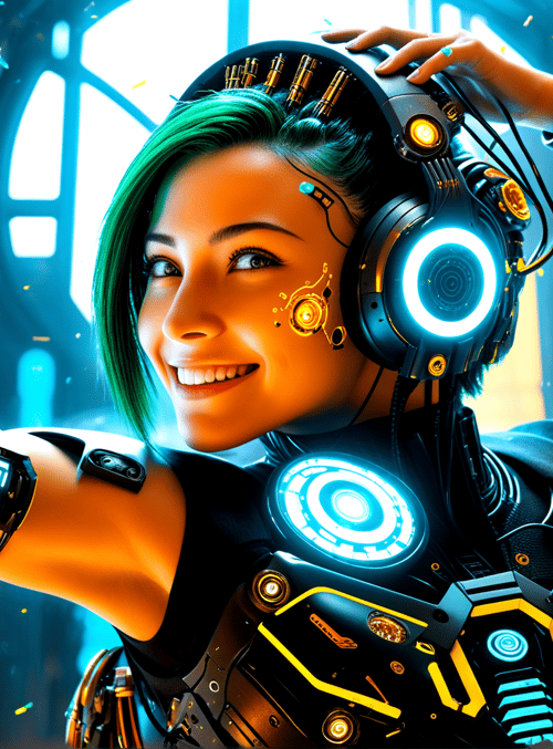 cyborg, woman, headphones, confetti, arm, gloves, body armor, circuit, light, helmet