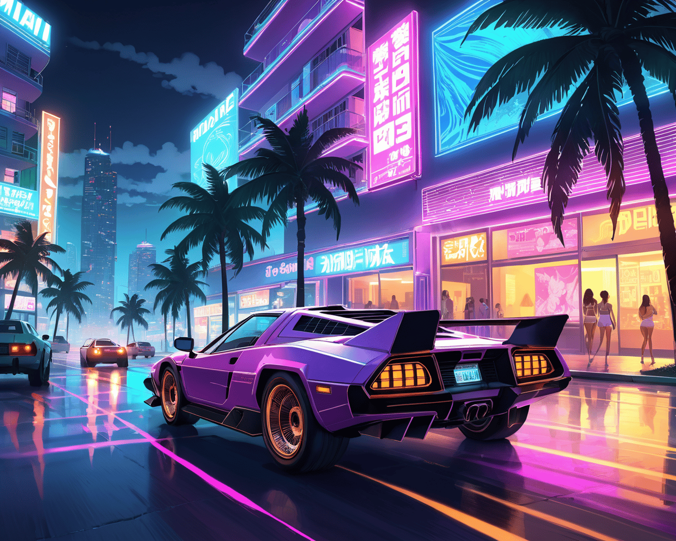 AI generated wallpaper featuring car, city, palm trees