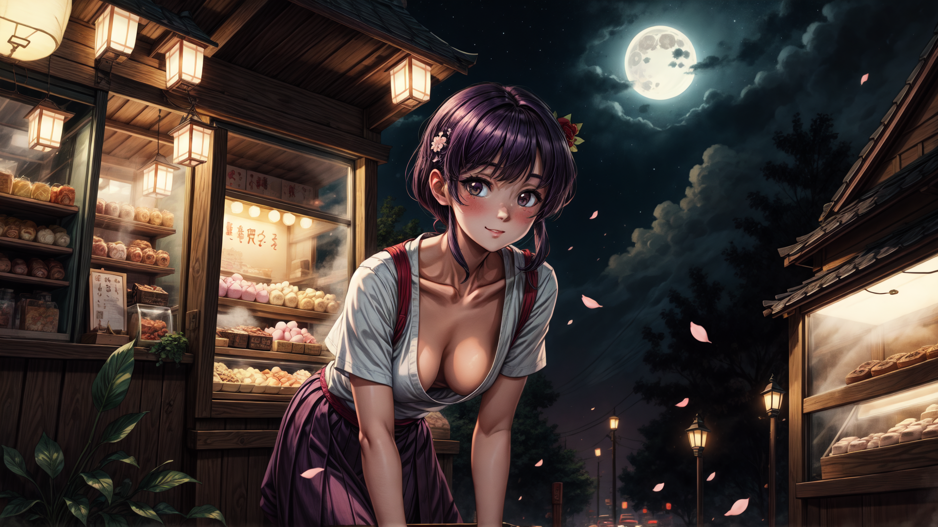 AI generated wallpaper featuring girl, street vendor, bakery, moon, cherry blossoms, lanterns, traditional building, pastries, night market, Japanese