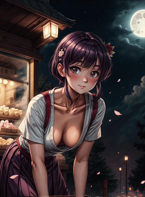 girl, street vendor, bakery, moon, cherry blossoms, lanterns, traditional building, pastries, night market, Japanese