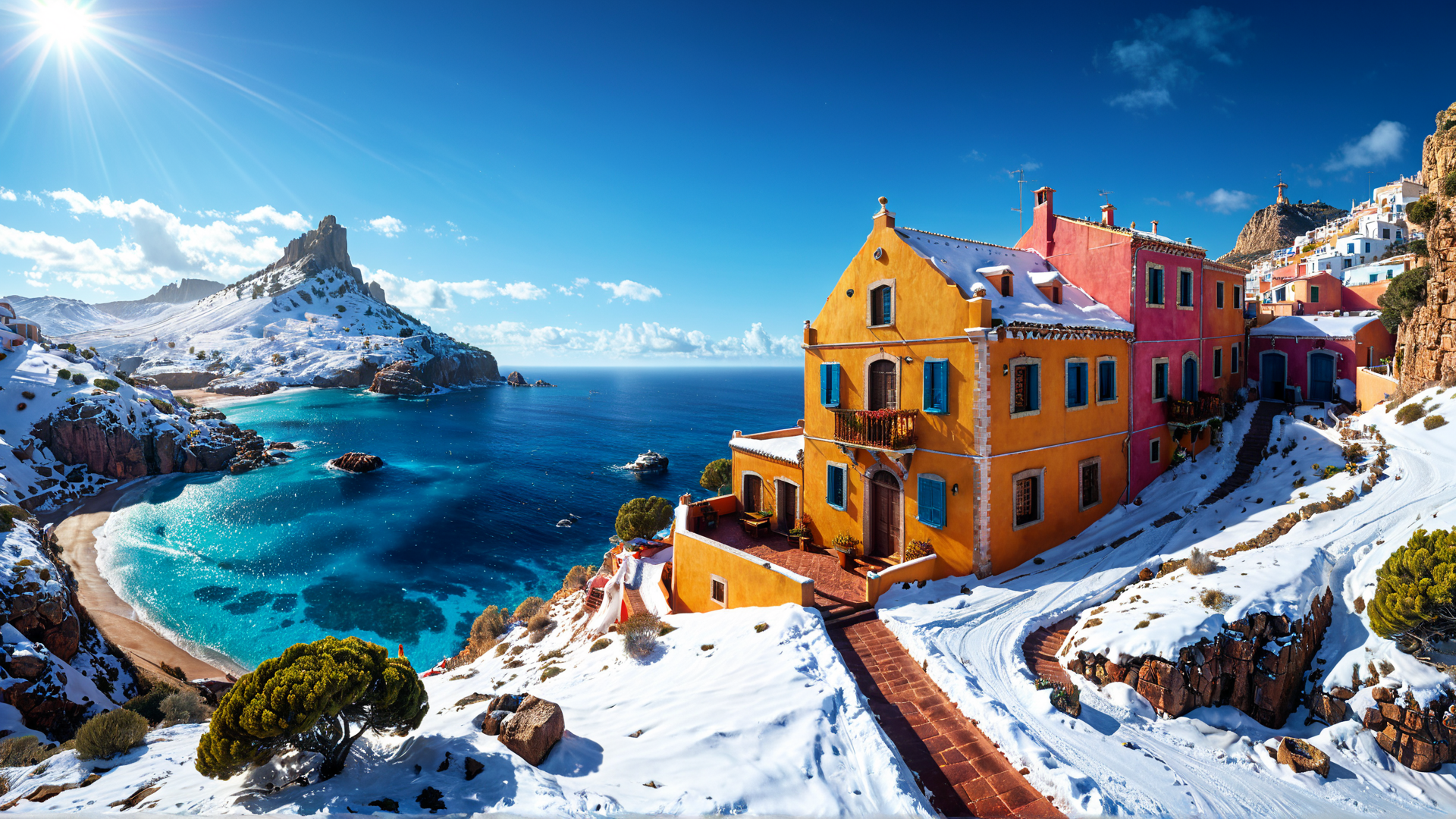 AI generated wallpaper featuring houses, mountains, ocean, snow, breeze
