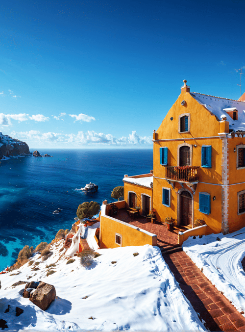 houses, mountains, ocean, snow, breeze