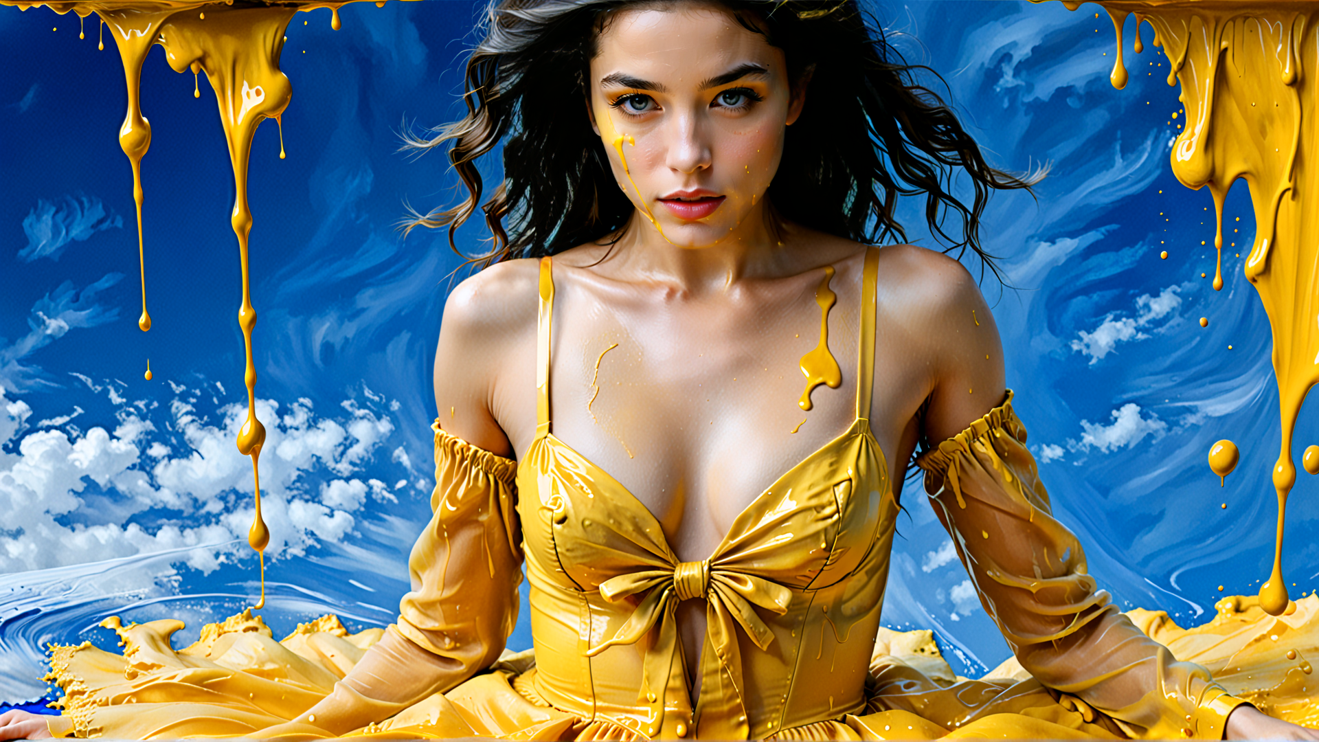 AI generated wallpaper featuring woman, paint, dress, golden, liquid, silk