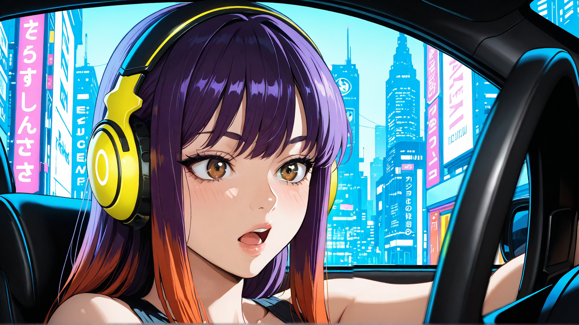 AI generated wallpaper featuring girl, headphones, car, cityscape, buildings