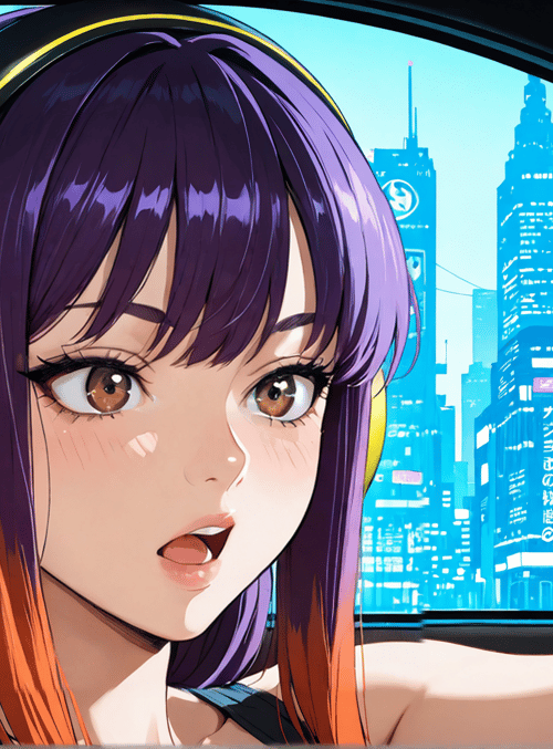 girl, headphones, car, cityscape, buildings