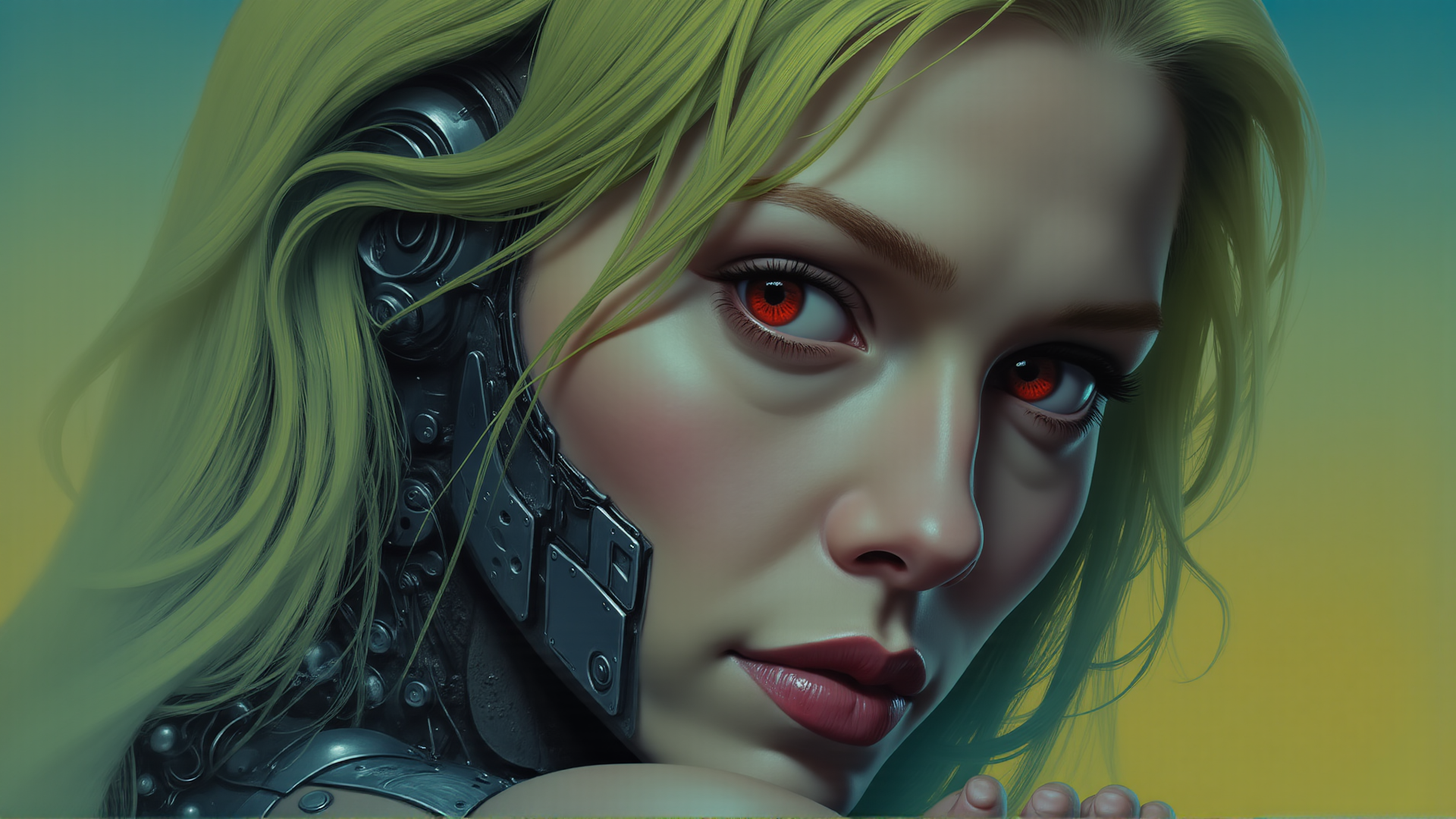 AI generated wallpaper featuring cyborg, woman, robotic, mechanical, hair