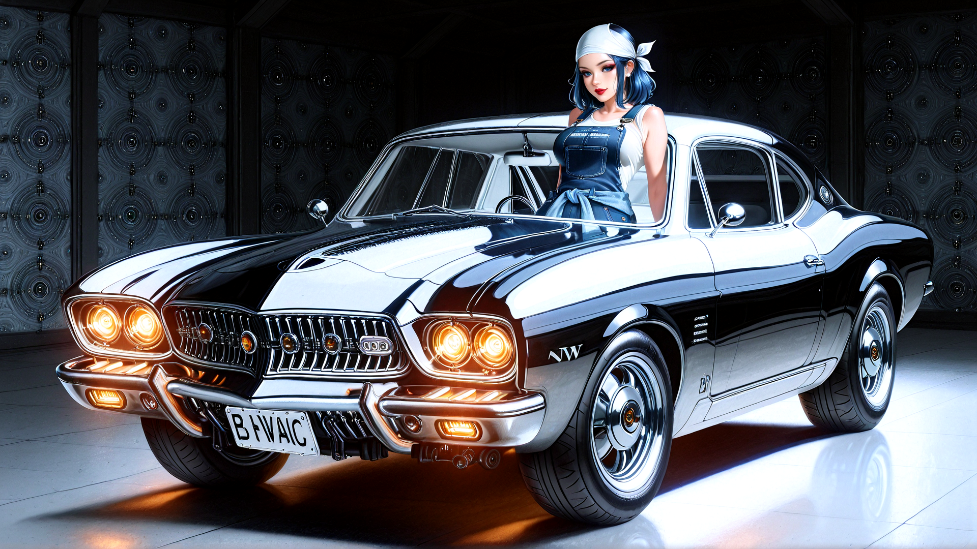 AI generated wallpaper featuring car, woman, overalls, headband, light, wheel, background, license plate, mirror, suspension