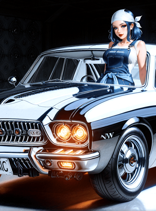 car, woman, overalls, headband, light, wheel, background, license plate, mirror, suspension