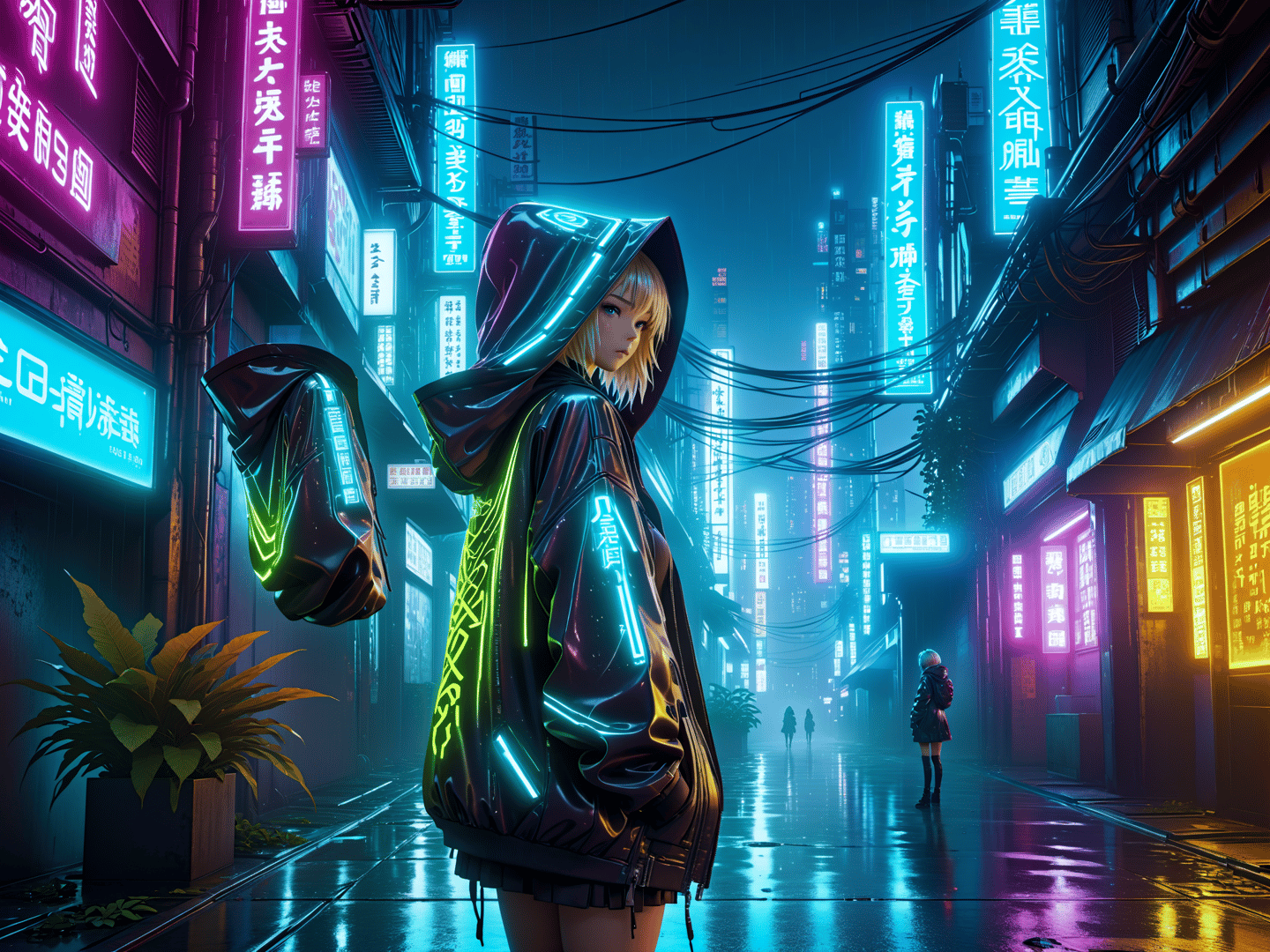 AI generated wallpaper featuring girl, neon, street
