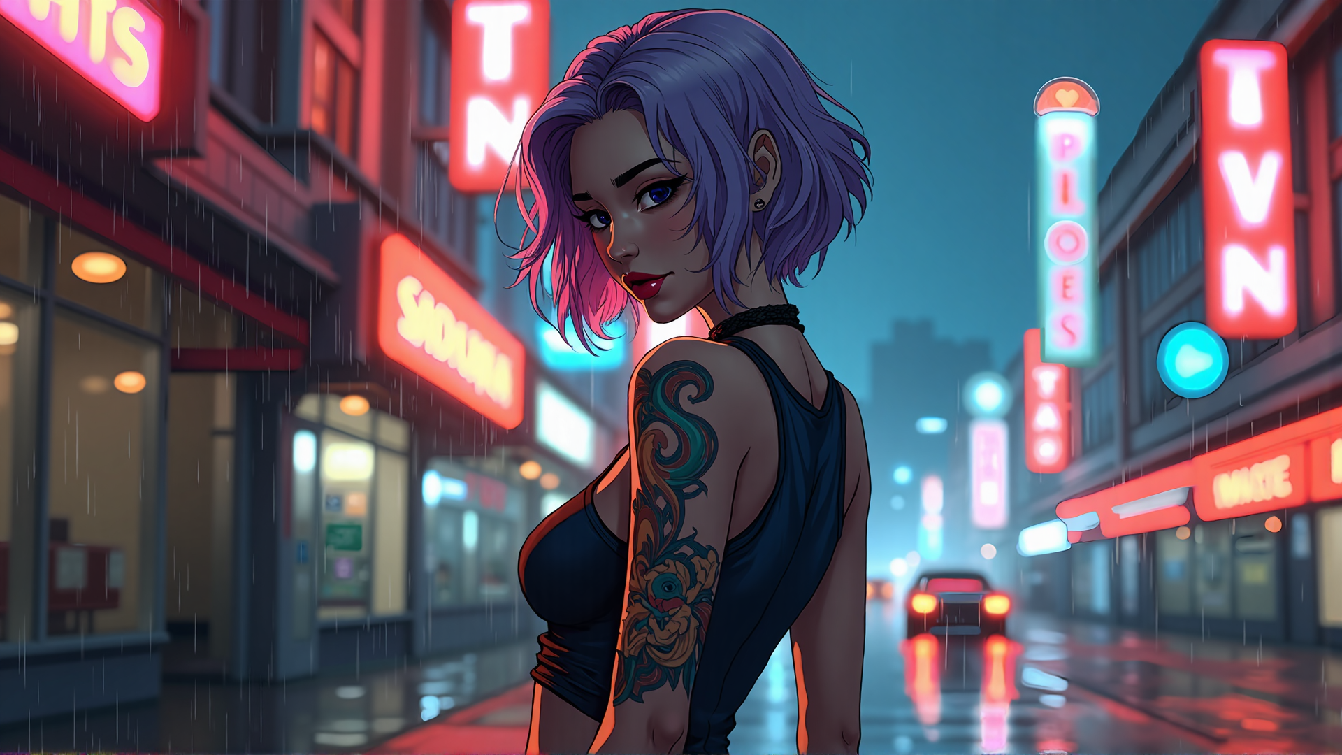 AI generated wallpaper featuring woman, tattoo, rain, neon, city, street, car, signs, purple hair, back