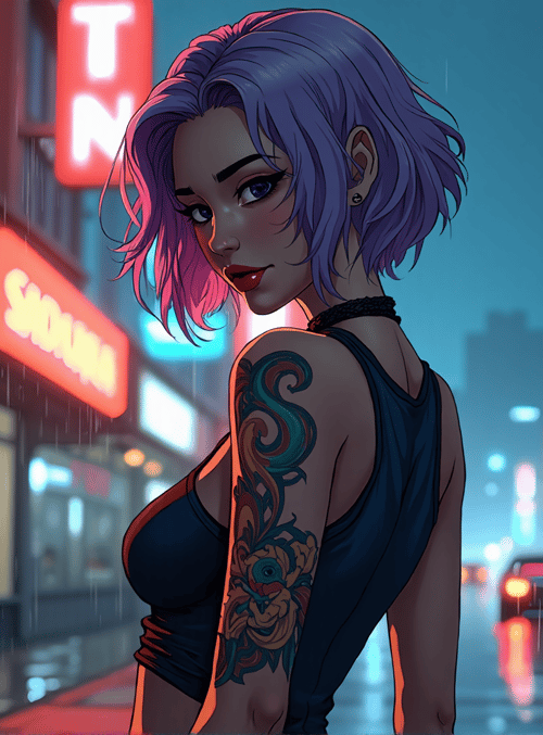 woman, tattoo, rain, neon, city, street, car, signs, purple hair, back
