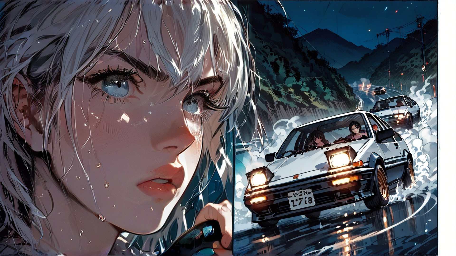 AI generated wallpaper featuring girl, car, road, mountain, driver, drift, rain, license plate, headlight, water