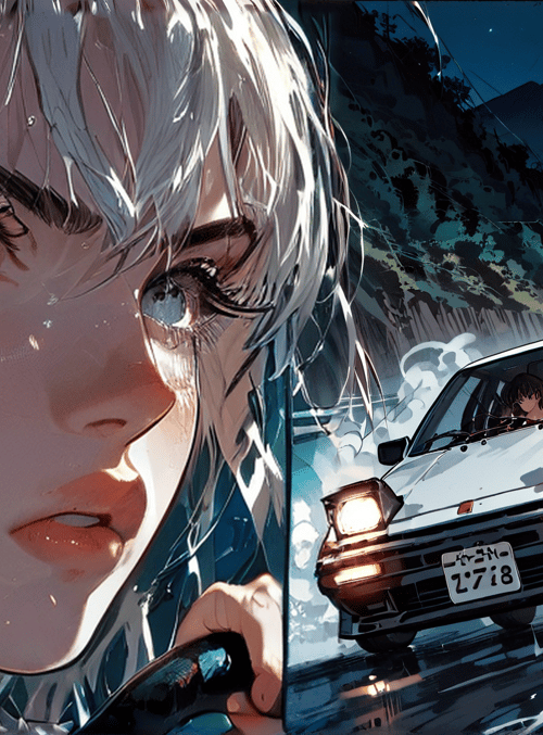 girl, car, road, mountain, driver, drift, rain, license plate, headlight, water