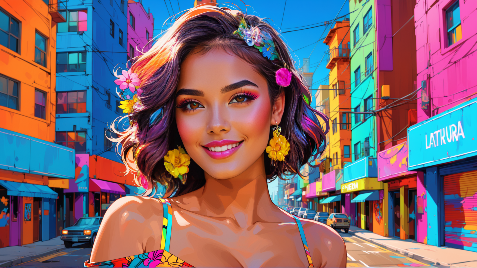 AI generated wallpaper featuring woman, street, flowers
