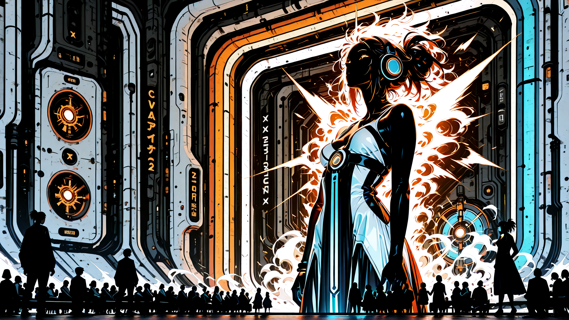 AI generated wallpaper featuring woman, silhouettes, gears, headphones, robotic, portals