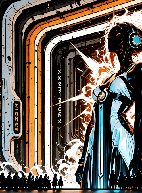 woman, silhouettes, gears, headphones, robotic, portals