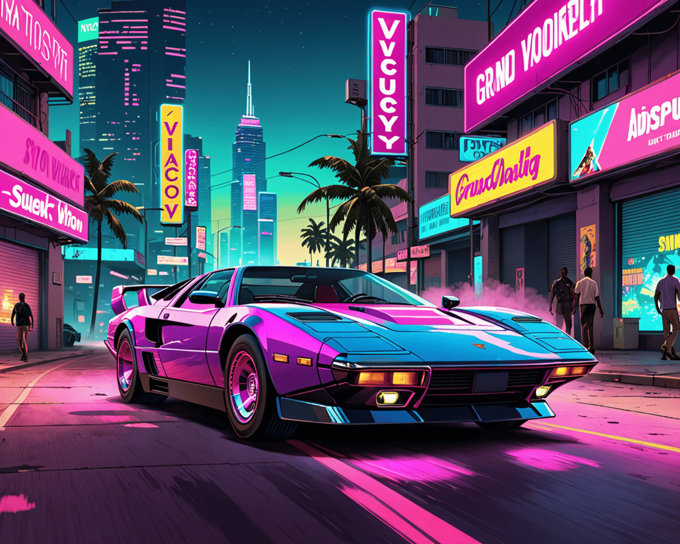 AI generated wallpaper featuring car, city, neon