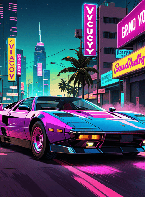car, city, neon