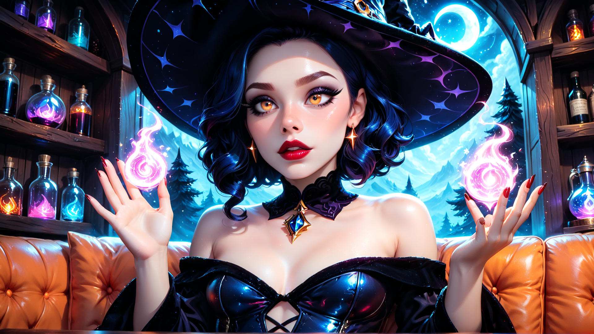 AI generated wallpaper featuring witch, magic, candles, bottles, moon, trees, couch, hat, nails, choker