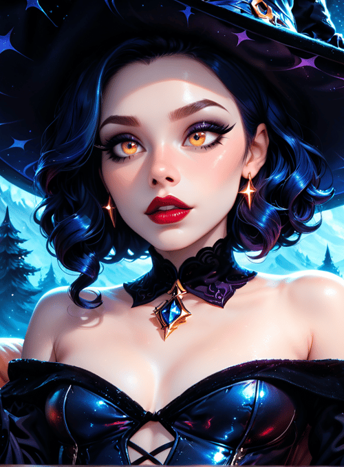witch, magic, candles, bottles, moon, trees, couch, hat, nails, choker