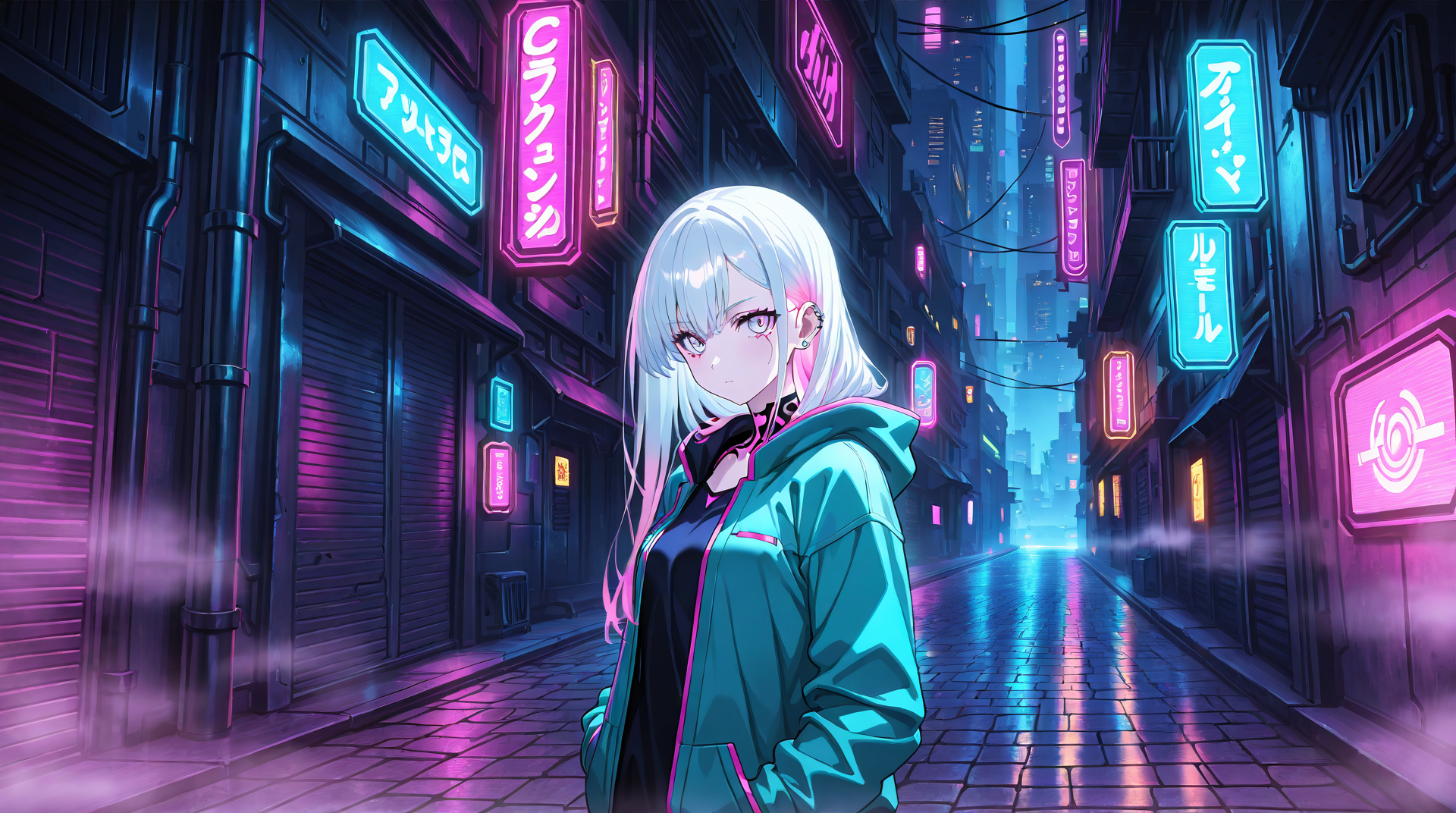 AI generated wallpaper featuring anime girl, neon street, city