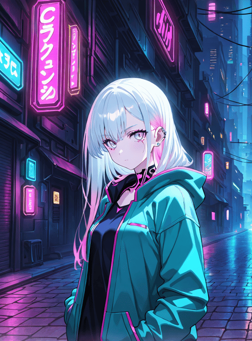 anime girl, neon street, city