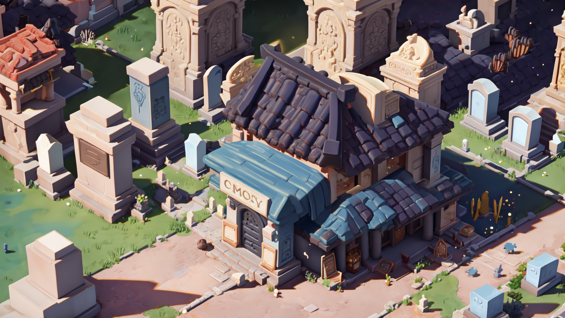 AI generated wallpaper featuring cemetery, building, gravestones, architecture, monument