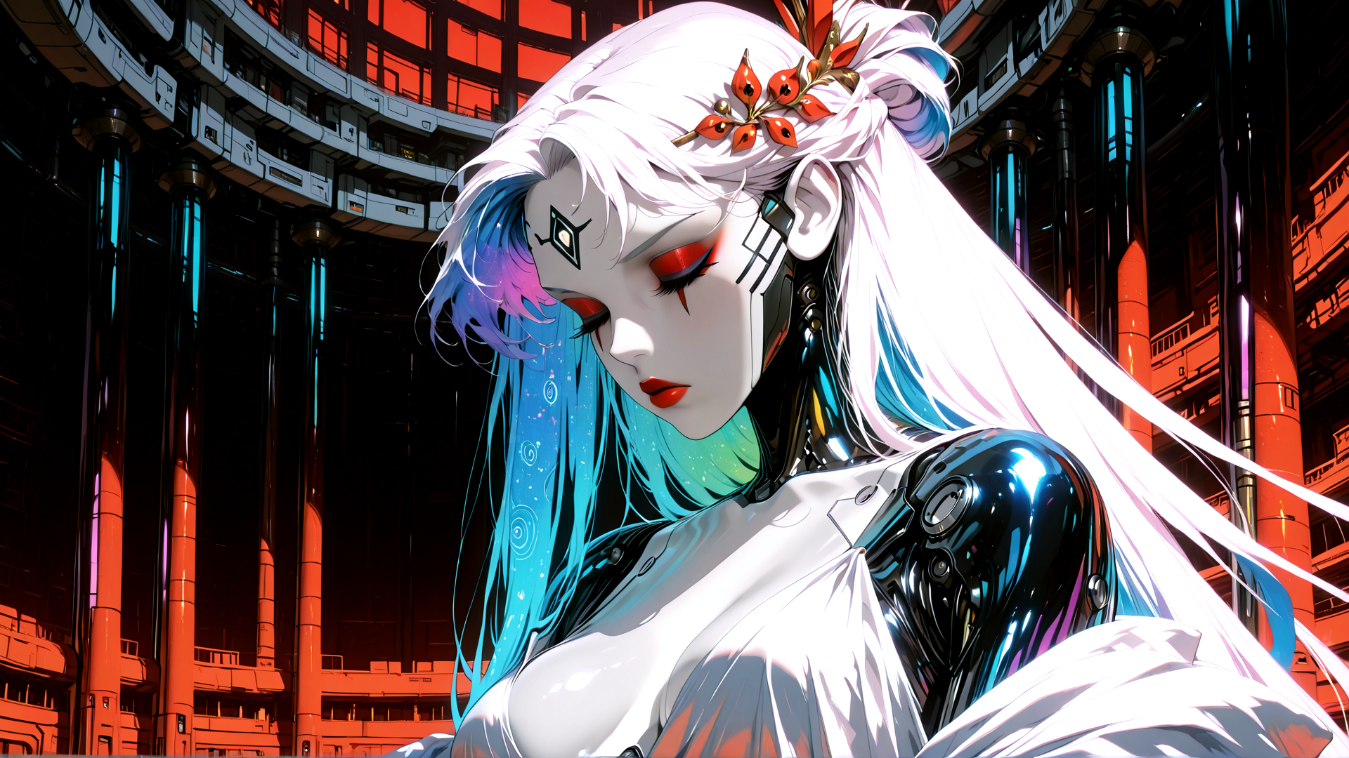 AI generated wallpaper featuring cyborg, anime, girl, robot, hair
