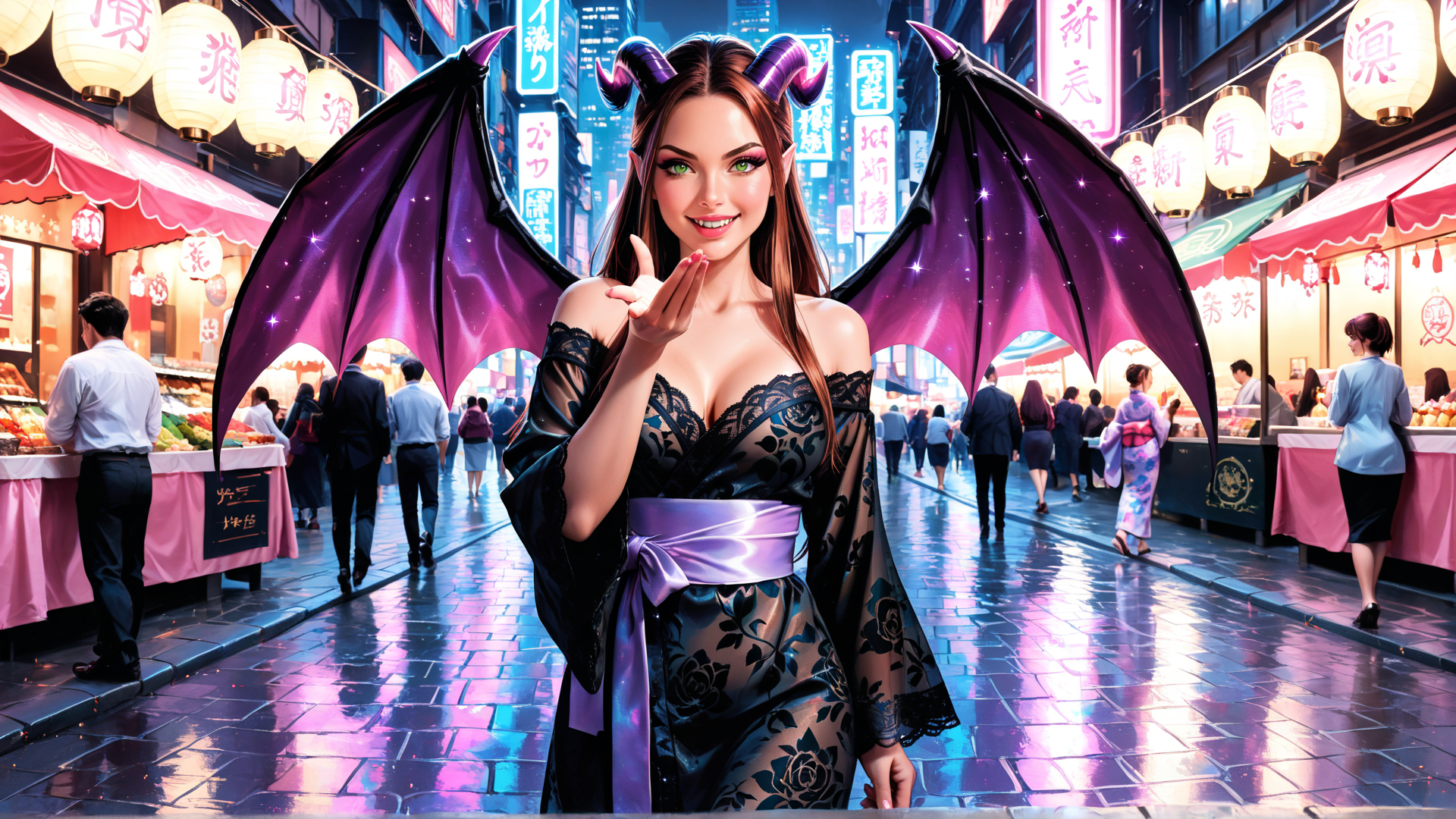 AI generated wallpaper featuring woman, devil, wings, lantern, market, dress