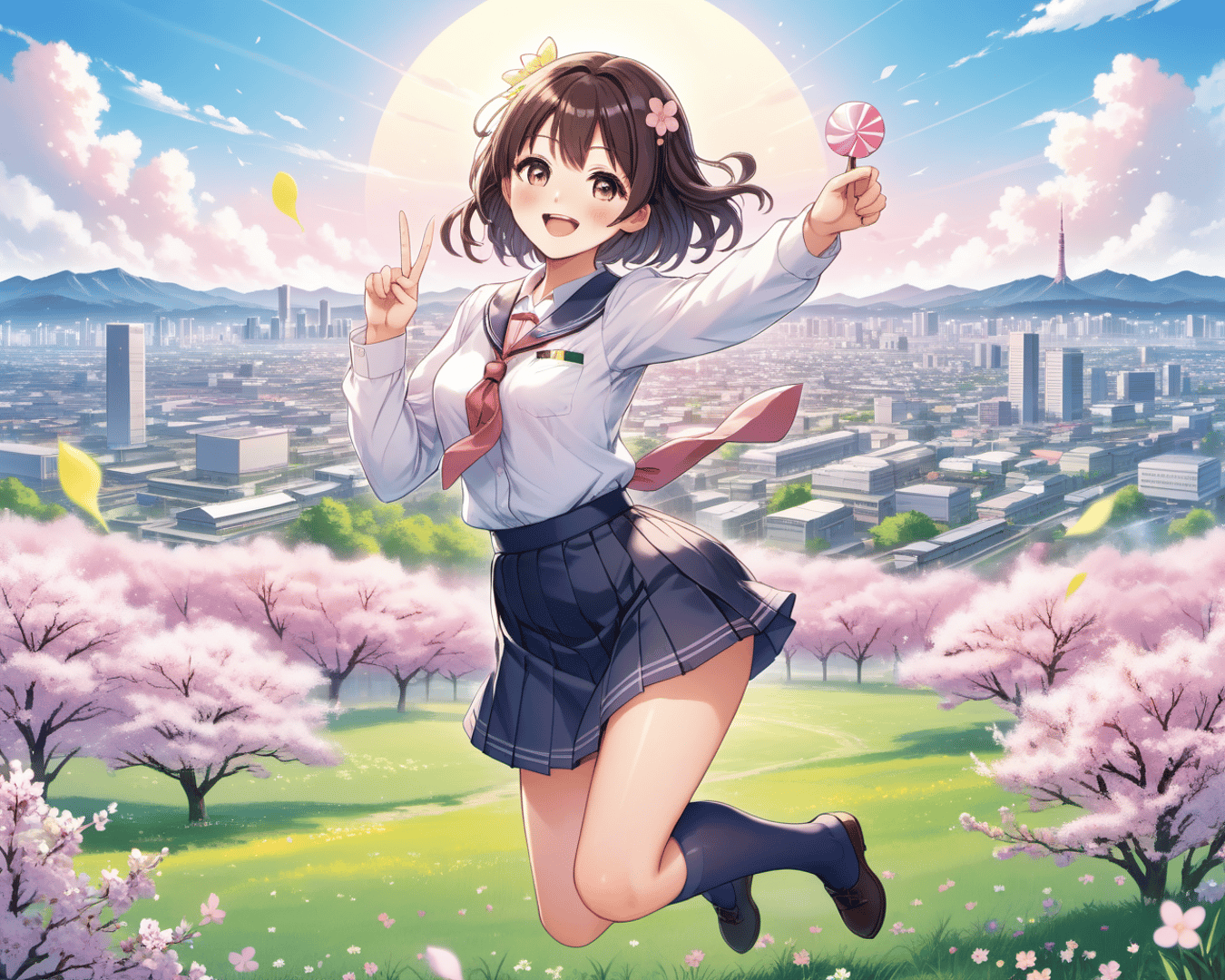 AI generated wallpaper featuring girl, cherry blossoms, city