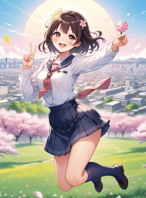 girl, cherry blossoms, city