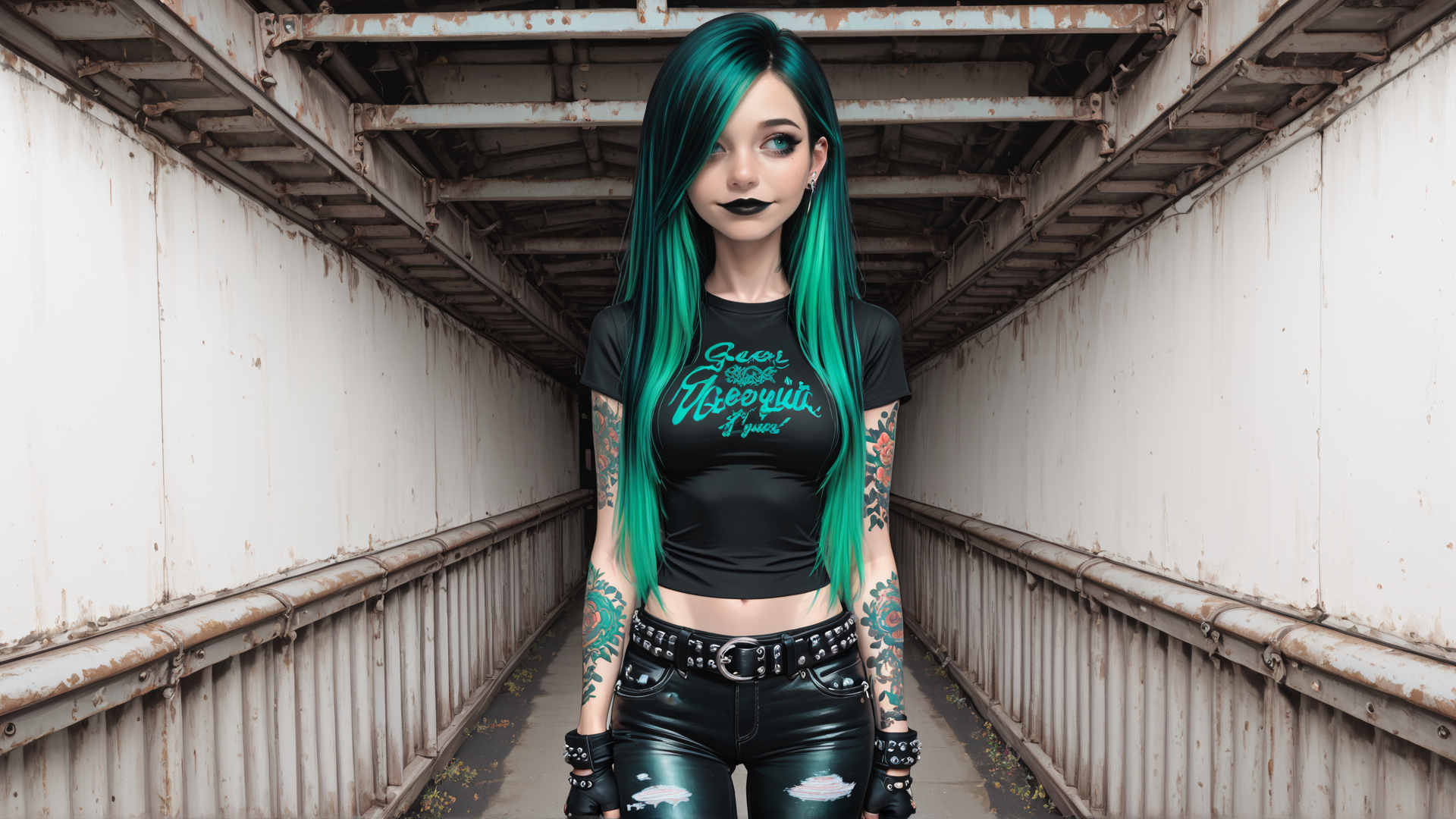 AI generated wallpaper featuring woman, punk, tattoo, gloves, belt