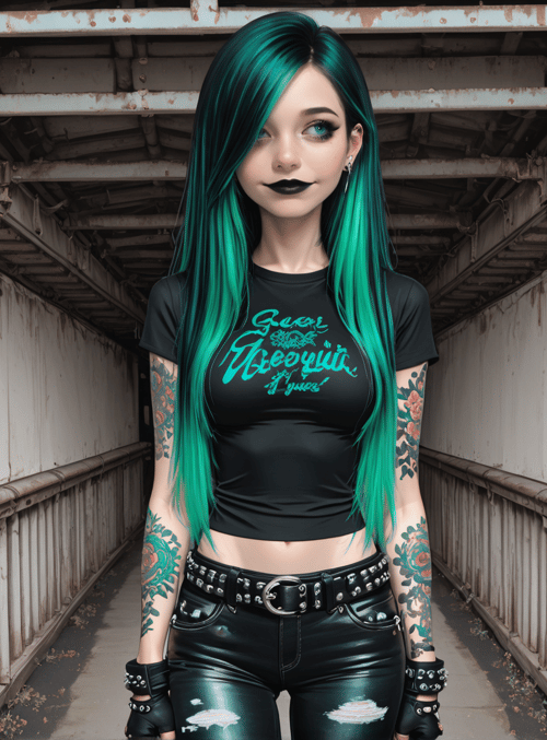 woman, punk, tattoo, gloves, belt