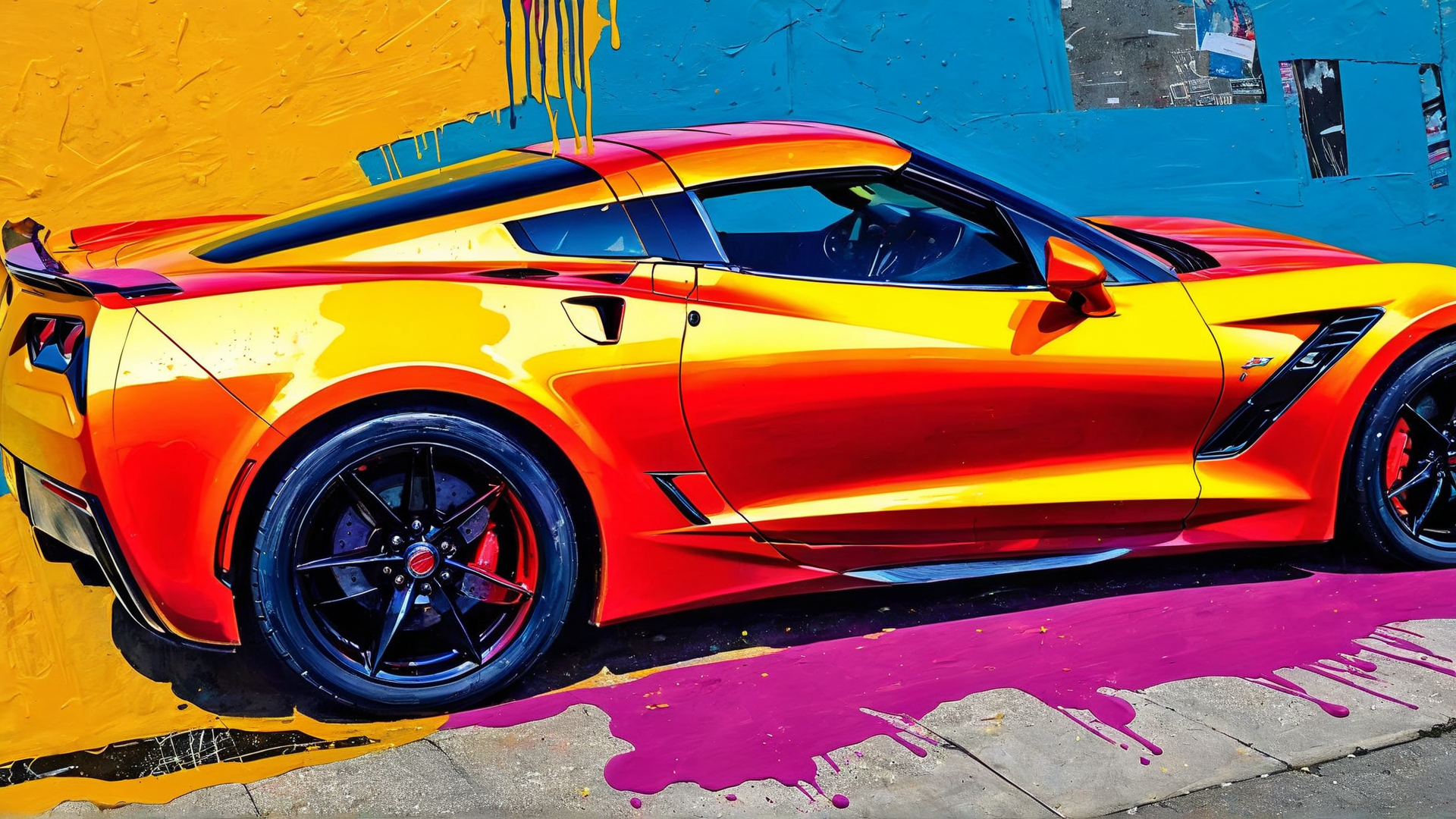 AI generated wallpaper featuring car, sports car, Corvette, painting