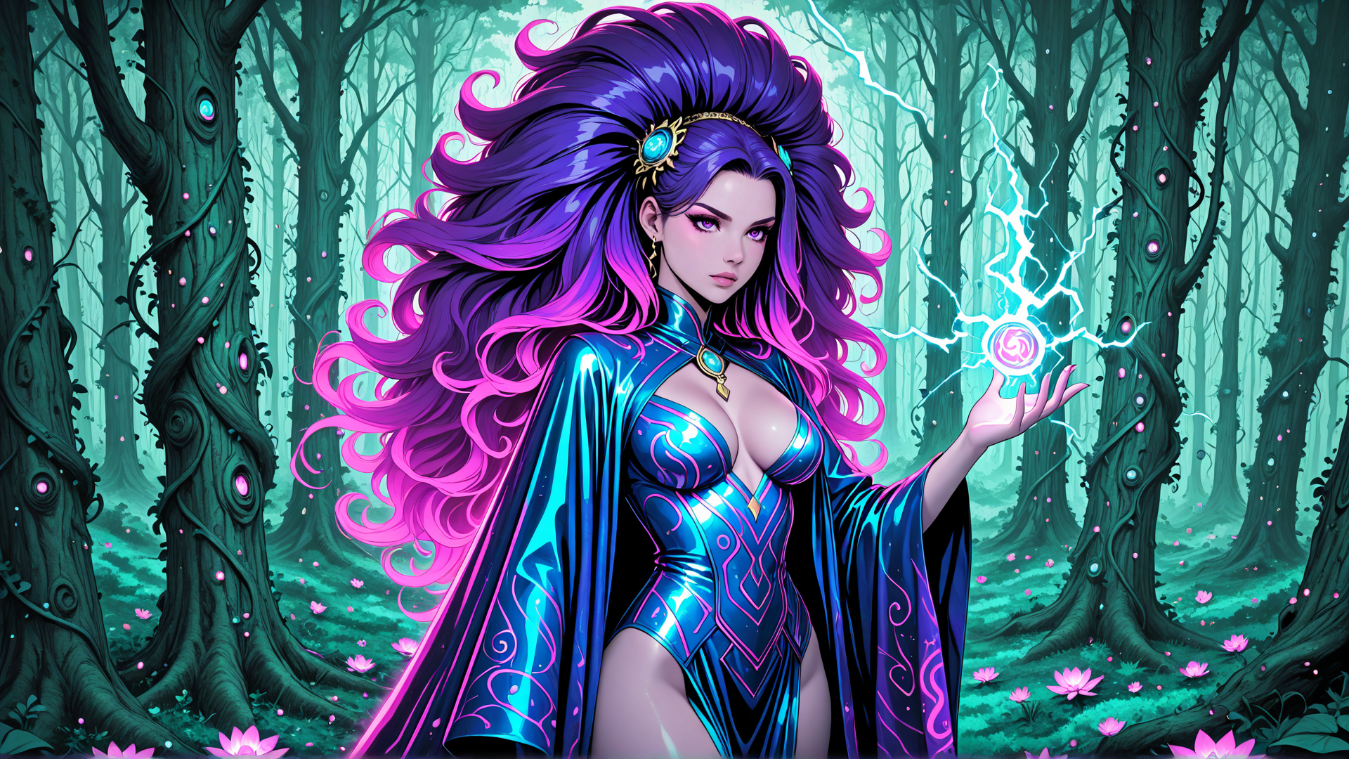 AI generated wallpaper featuring woman, witch, forest, magic, tree