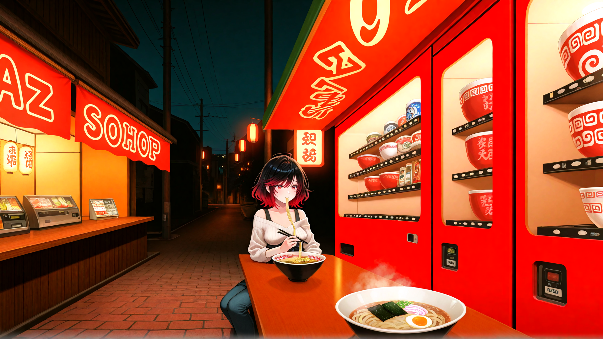 AI generated wallpaper featuring girl, noodle, street, food stall, lantern, chopsticks, bowl, sign, shop, ramen