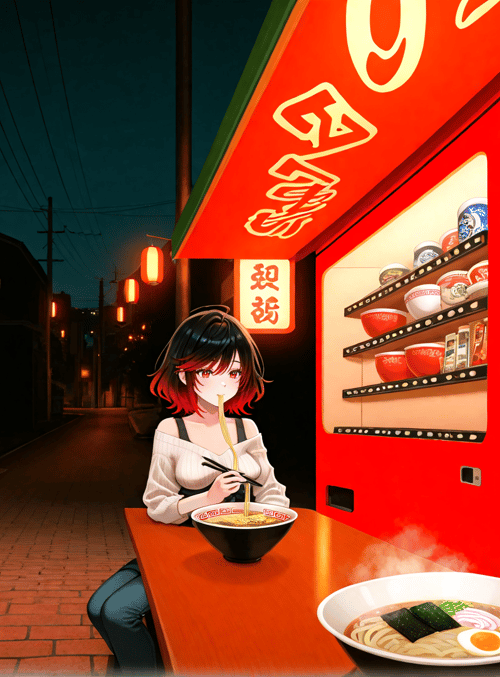 girl, noodle, street, food stall, lantern, chopsticks, bowl, sign, shop, ramen