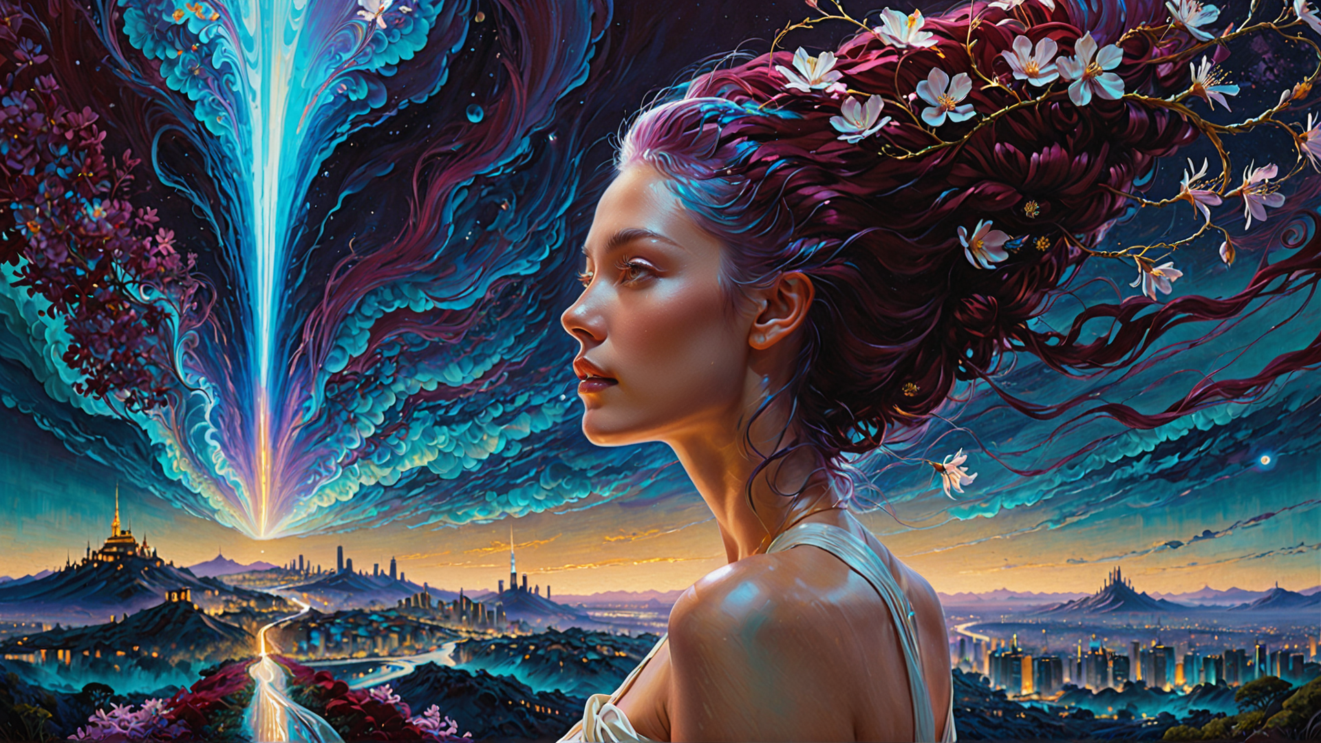 AI generated wallpaper featuring woman, flowers, cityscape, aurora, mountains, road, trees, castle, moon, blossoms