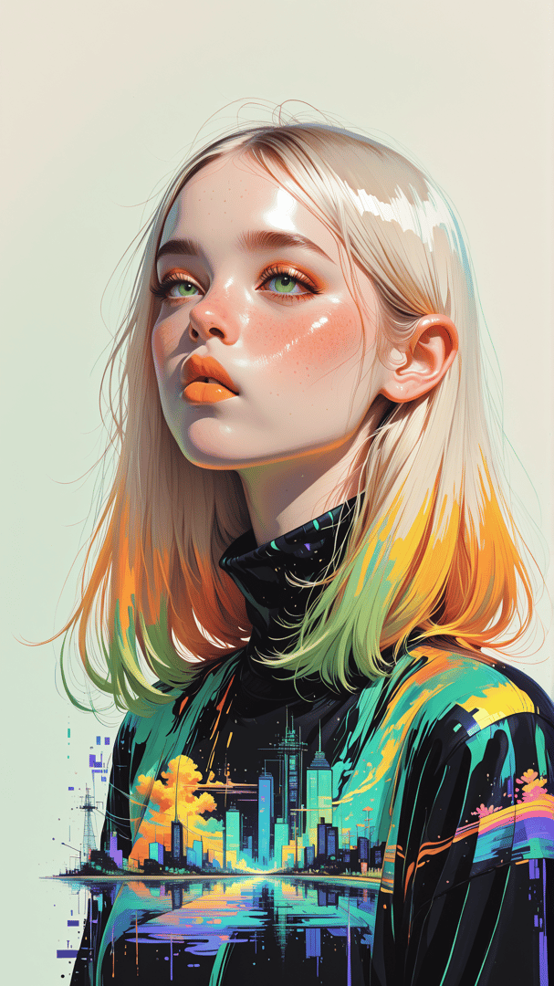 AI generated wallpaper featuring girl, cityscape, portrait